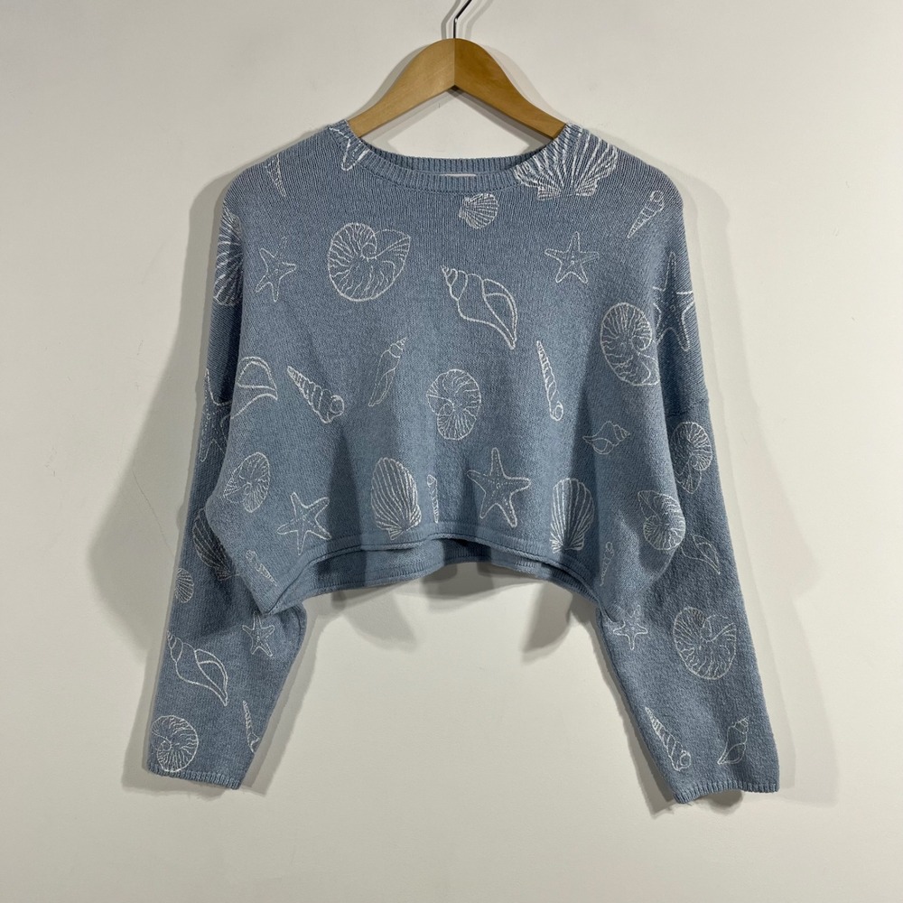 Womens Beachy Fisherman Preppy Seashell Starfish Cropped Sweater Size Small Boho